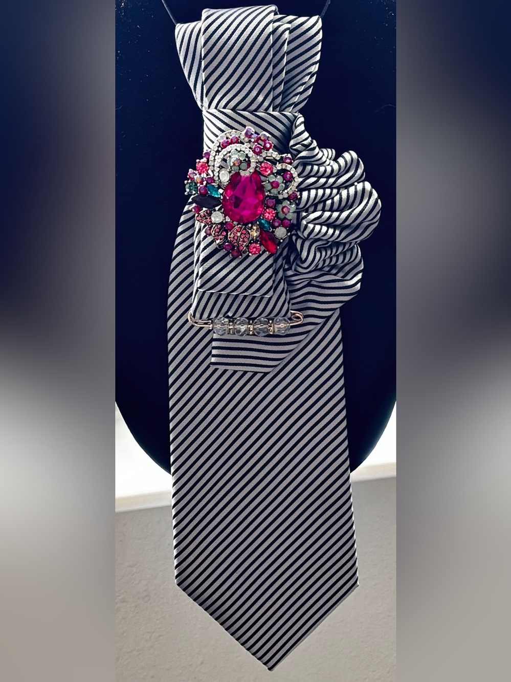 Striped Black and White Women’s Scarf with Pink Jewel Brooch